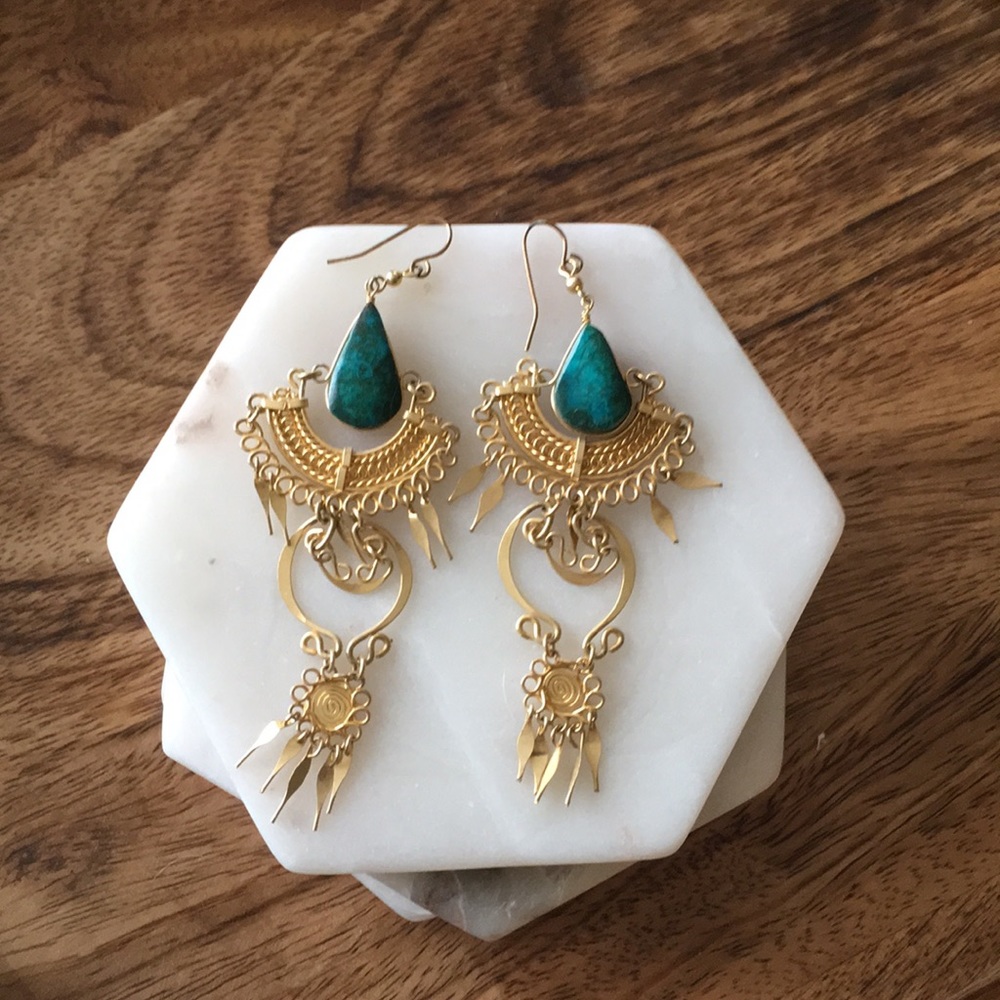 Long Gold and Emerald Earrings